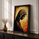 Front view of framed Virgin Mary prayer portrait on canvas