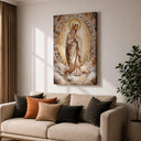 Living room display of Virgin Mary religious art