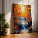 Autumn waterfall in a forest—framed canvas wall art