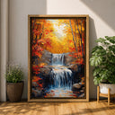 Wide view of fall forest with cascading water