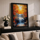 Detailed brushwork impasto autumn waterfall landscape