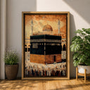 Living room with Islamic wall art featuring Kaaba