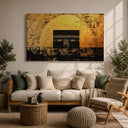 Close-up of sacred Kaaba motif on abstract Islamic canvas