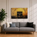 Framed Islamic canvas portraying Mecca for meditation corner