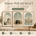 Three-panel Islamic wall art for prayer corner in sage green