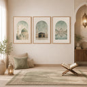 Three-panel wall art displaying calm Islamic design and soft green palette