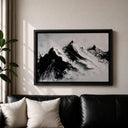 Neutral toned mountain range artwork for living room