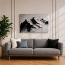 Framed mountain wall art with pine forest tones