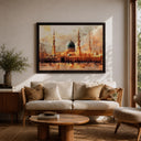 Masjid Nabawi green dome framed canvas in a hallway setting