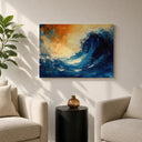 Living room wall art featuring ocean wave motif