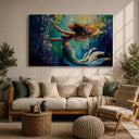 Side view of mermaid canvas framed art in living room