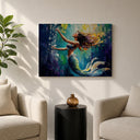 Gallery display of mythological mermaid art on wall