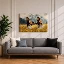 Horses running across mountains on art print for living room