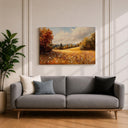 Close-up of autumn meadow artwork showing textured brushwork