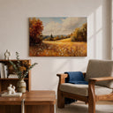 Warm-toned rural landscape wall art in a rustic home