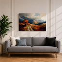 Rustic framed landscape art showing mountain and forest in autumn
