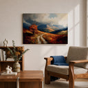 Pastoral countryside scene with autumn leaves on canvas