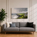 Green-toned coastal cliff art with wood frame