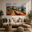 Close-up of impasto texture on framed canvas landscape