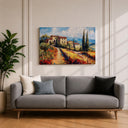 Framed canvas depicting rolling hills and stone houses