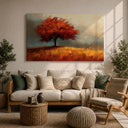 Close-up of red tree and autumn scenery on framed canvas