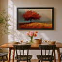 Rustic autumn landscape wall art with red tree - framed canvas