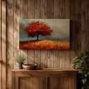 Framed canvas art of autumn scenery with red tree