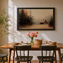 Cozy lodge scene with snow and warm tones in framed canvas