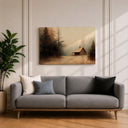 Framed cabin artwork showcasing rustic lodge charm