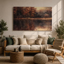 Rustic framed landscape canvas featuring forest and lake