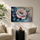 Framed floral canvas displaying lush peony flowers