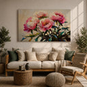 Close-up of textured impasto petals on peony canvas