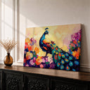 Peacock feather wall art on framed canvas with tropical florals