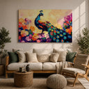 Close up of royal peacock feathers in framed canvas print