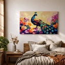 Vibrant teal and gold peacock feather artwork on framed canvas