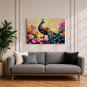 Living room wall decor with framed peacock canvas