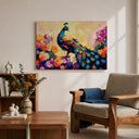 Bedroom wall art featuring tropical peacock feather design