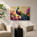 Nature inspired decor with peacock art on framed canvas