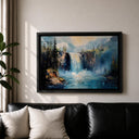 Green pine forest and flowing water on canvas