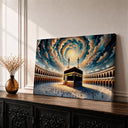 Framed Kaaba wall art with spiral sky on canvas