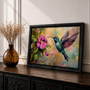 Hummingbird Colibri framed canvas painting close-up with impasto texture
