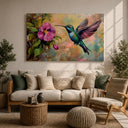 Vibrant tropical botanicals framing hummingbird artwork on canvas