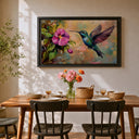 Side view of framed hummingbird wall art in a bright living room