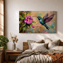 Close-up detail of impasto strokes on hummingbird canvas