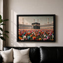 Bedroom wall with framed Islamic art inspired by Mecca
