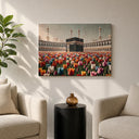 Tulip field background with Kaaba silhouette in muted tones