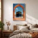 Sacred architecture wall art with Kaaba and Moorish archway