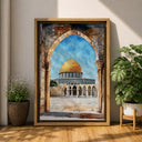 Al-Aqsa scene in blue and gold tones for living room