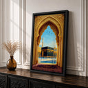 Framed canvas showcasing Mecca mosque silhouette in gold