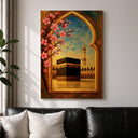 Framed Kaaba floral archway wall art displayed in a living room